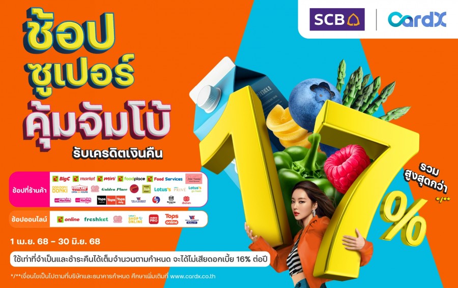 คาร์ดเอกซ์ส่งโปรสุดคุ้ม! “ช้อปซูเปอร์ คุ้มจัมโบ้” ช้อปสนุก คุ้มทุกเวลา รับเครดิตเงินคืนรวมสูงสุด 17% ณ ร้านค้าซูเปอร์-ไฮเปอร์มาร์เก็ต รวมช่องทางออนไลน์ที่ร่วมรายการกว่า 30 แห่ง ตั้งแต่วันนี้ถึง 30 มิ.ย. 68