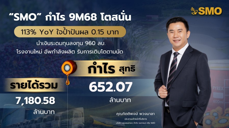 “SMO” กำไร 9M68 โตสนั่น 113% YOY ใจป้ำปันผล 0.15 บาท นำเงินระดมทุนลงทุน 960 ลบ. โรงงานใหม่ อัพกำลังผลิต รับการเติบโตตามนัด